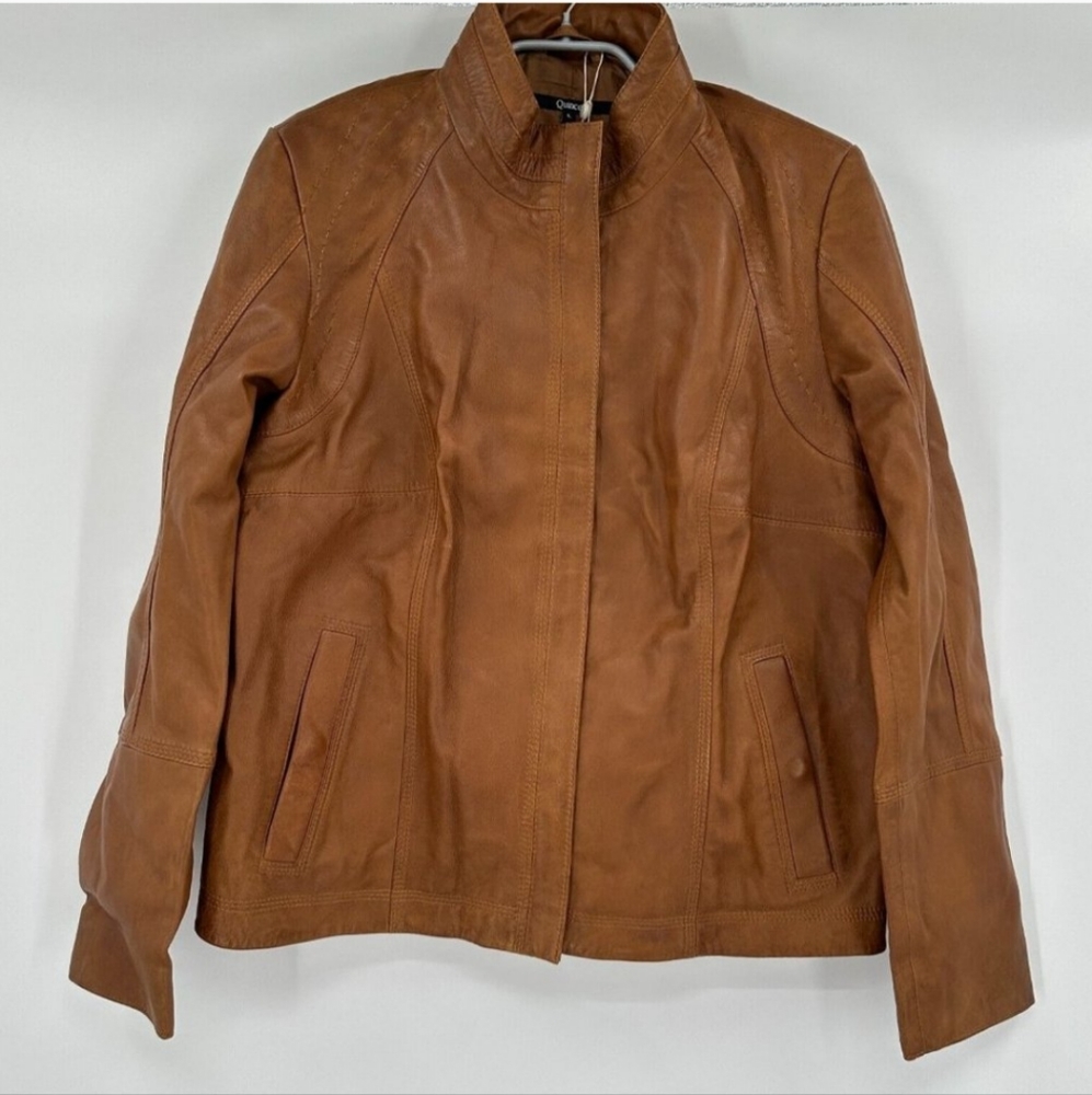 Quince Women's Cognac-Brown Leather Stand-Collar Jacket sz XL Full Zip NWT